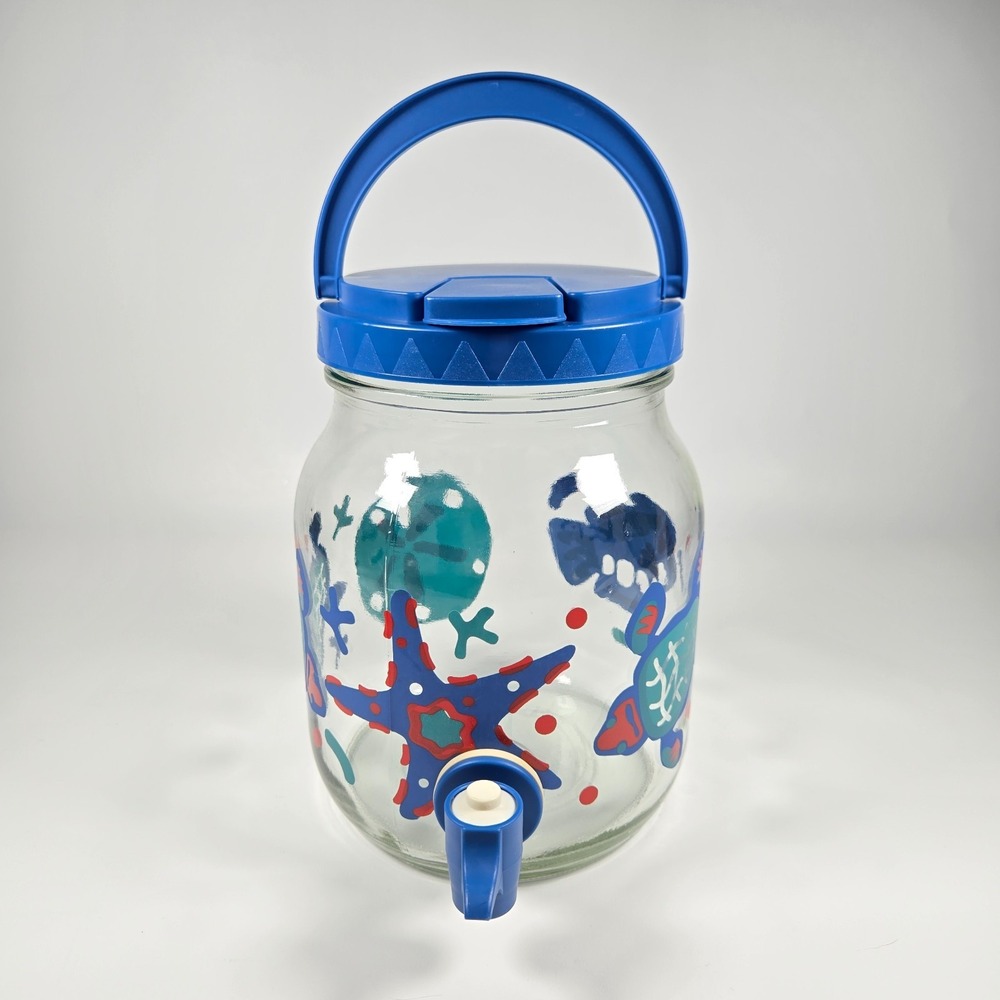 Vintage Anchor Hocking 1/2 Gallon Sun Tea Dispenser Glass  Sea Turtles Star Fish